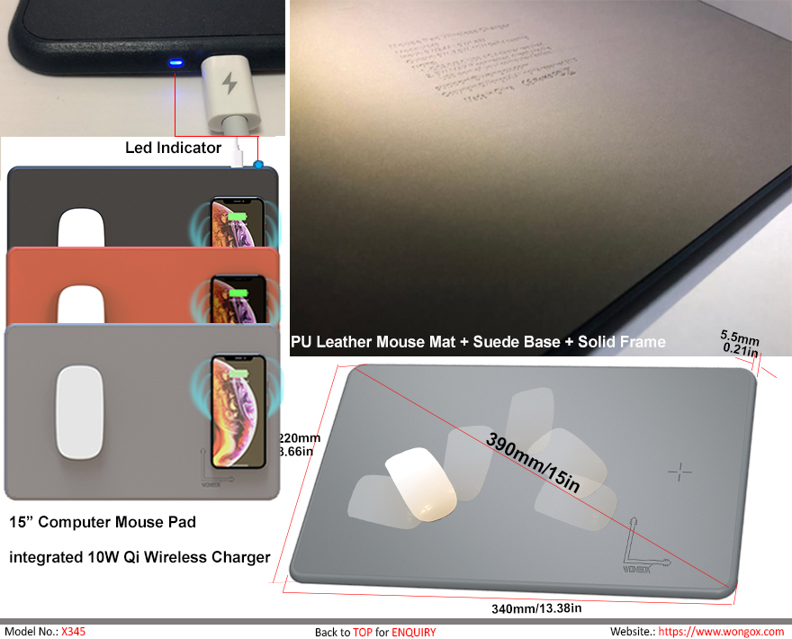 X345 mouse pad wireless charger with large leather mat
